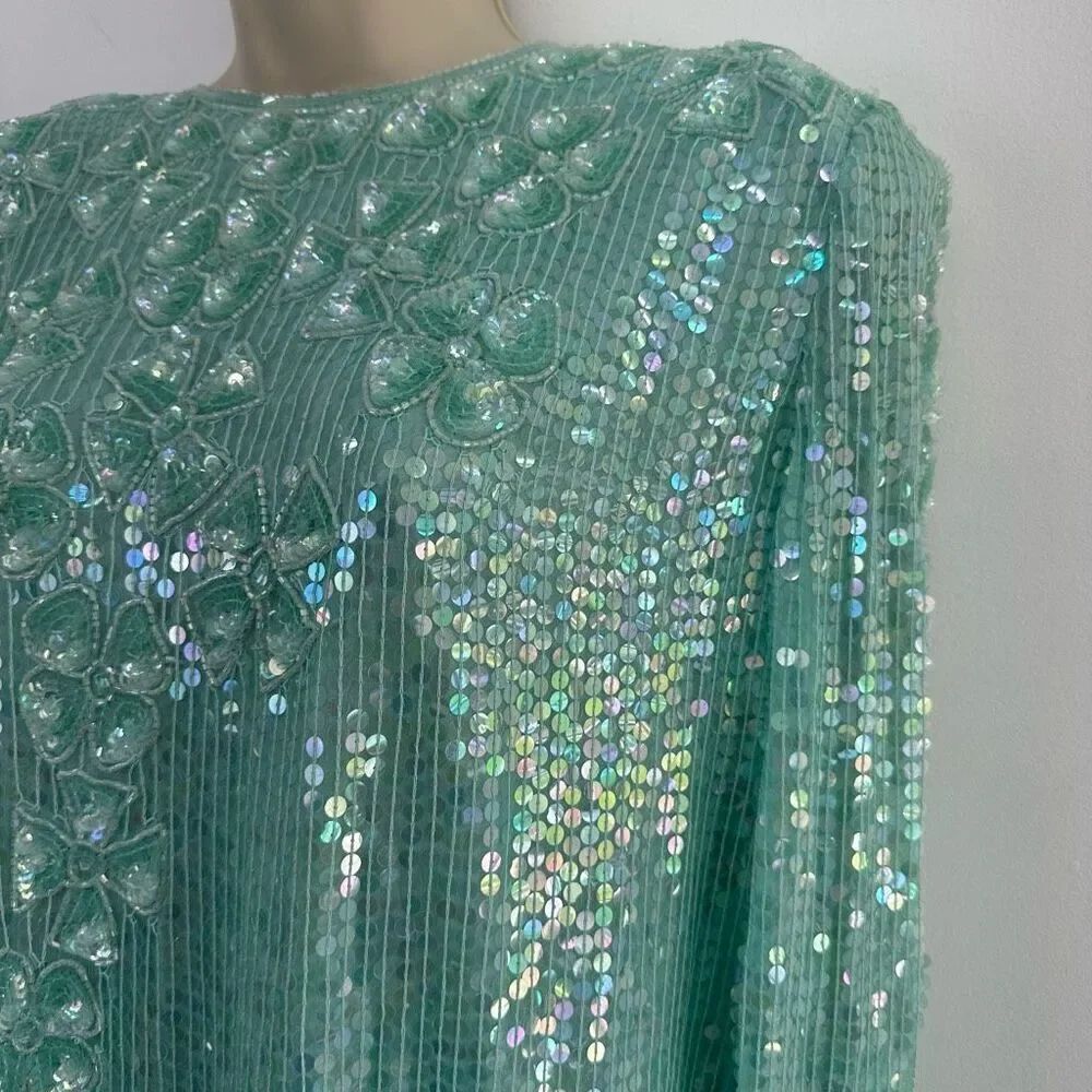 Laurence Kazar Women’s Silk Misty Light Turquoise Heavily Embroidered Beaded and - Picture 9 of 15